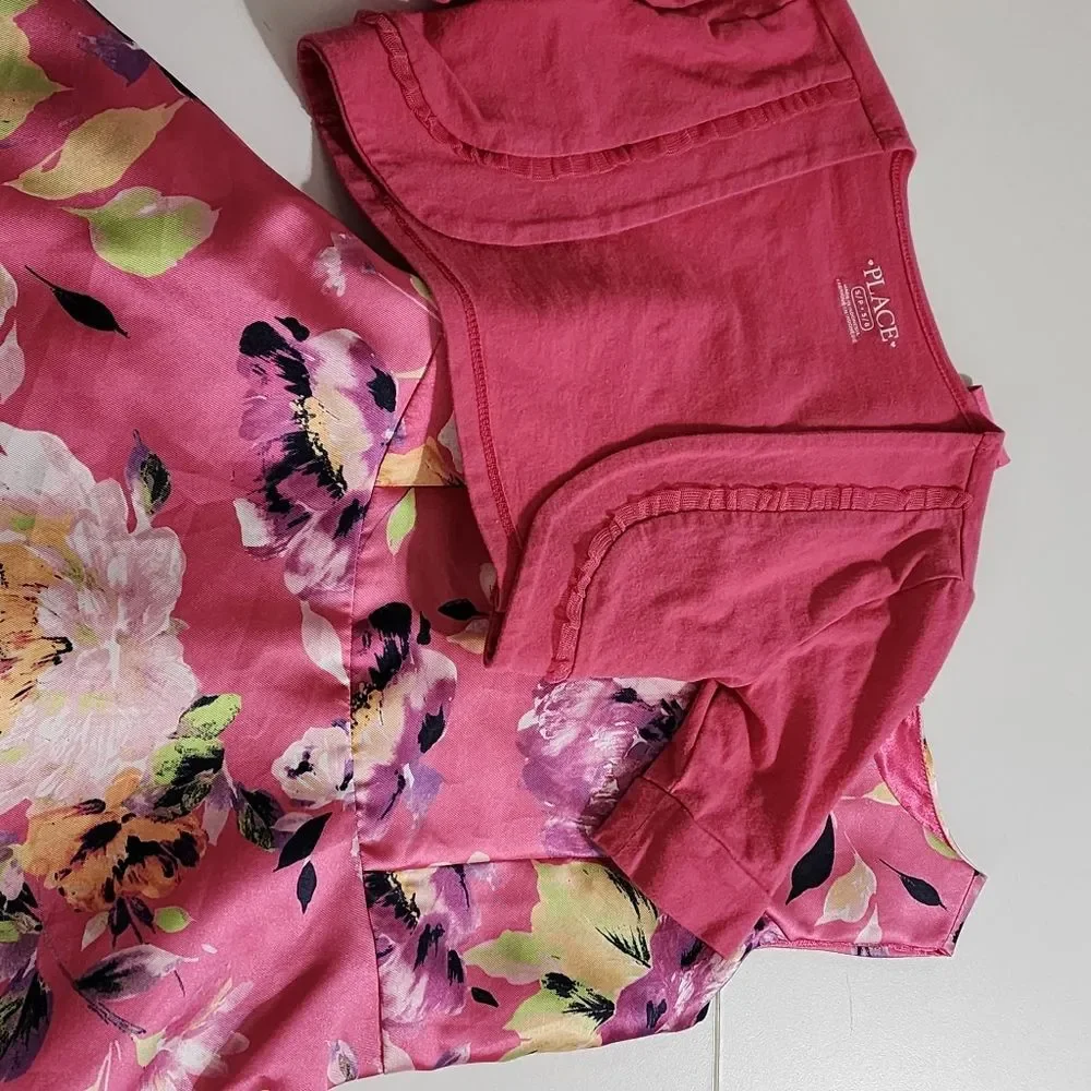 Girls Elegant Floral Magenta Pleated Easter Dress Cardigan & Headband Set Size 6
